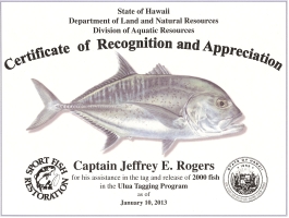 Certificate of Recognition and Appreciation for tagging and releasing 2000 fish